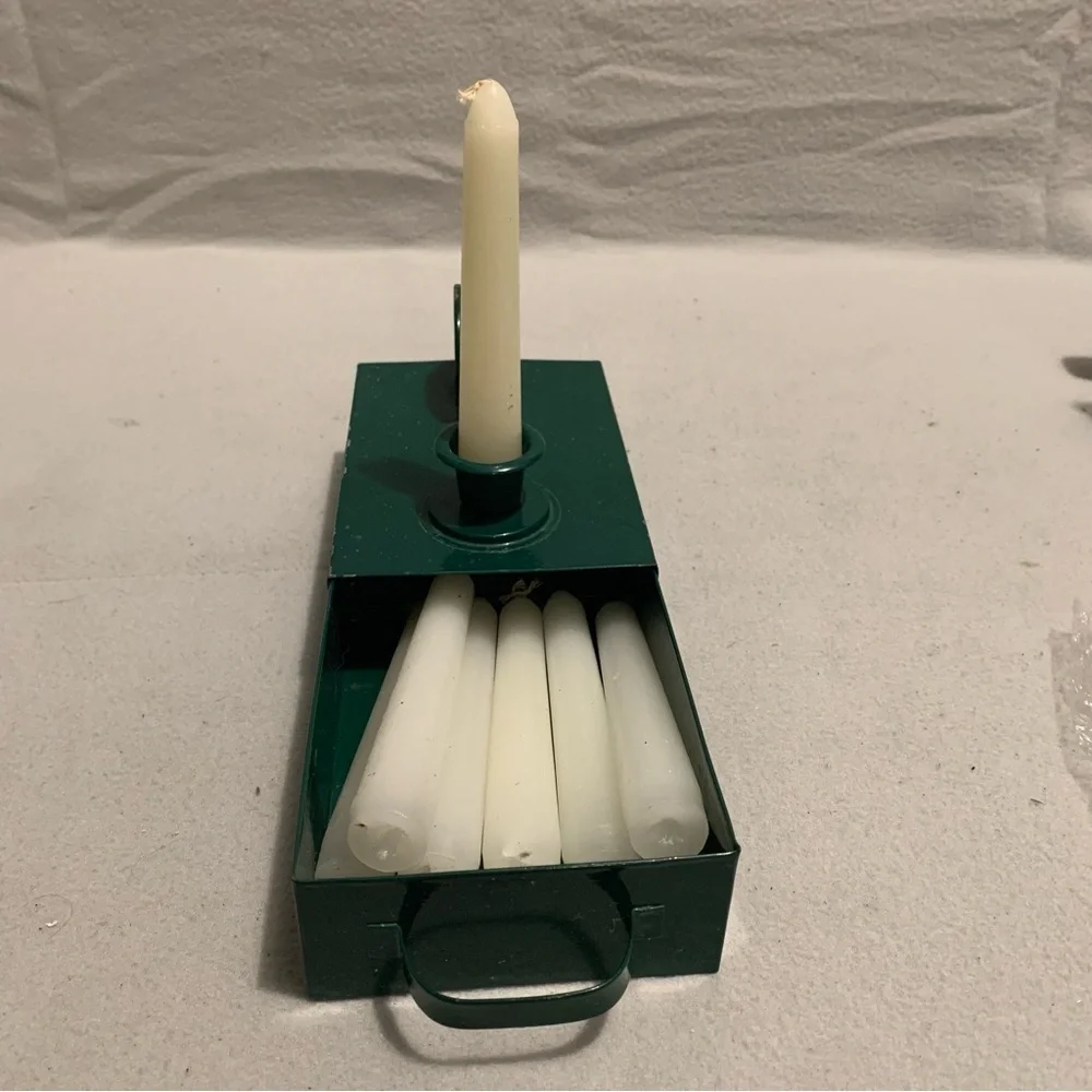 Vtg. Green Metal Chamber Candlestick Holder w/Candle Storage - Candles Included